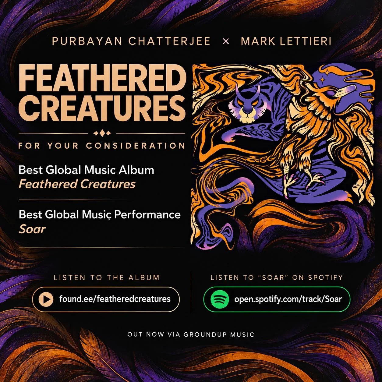 Purbayan Chatterjee x Mark Lettieri Feathered Creatures For Your Grammy Consideration campaign poster